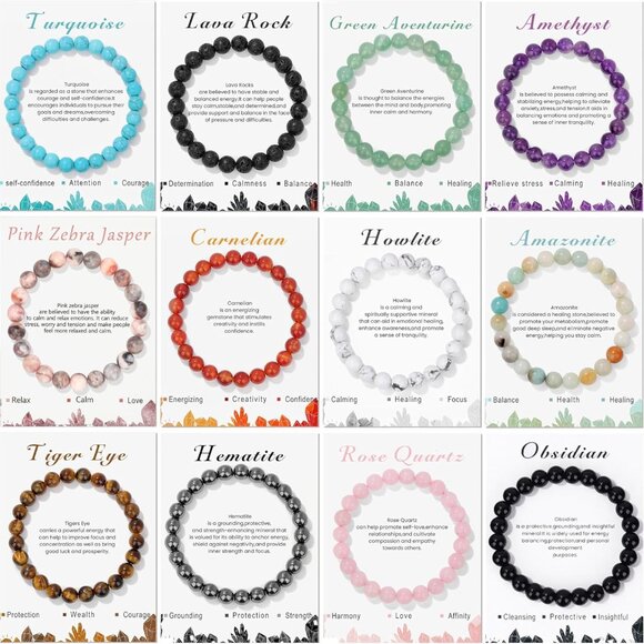 Meaningful Crystal Bracelets for Wellness - 12PCS Beaded Set with Gift Cards - Picture 1 of 7